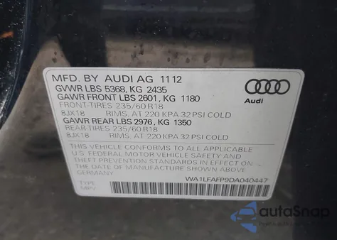 2013 Audi Q5 2.0T Premium из США, поврежденный, VIN WA1LFAFP9DA040447